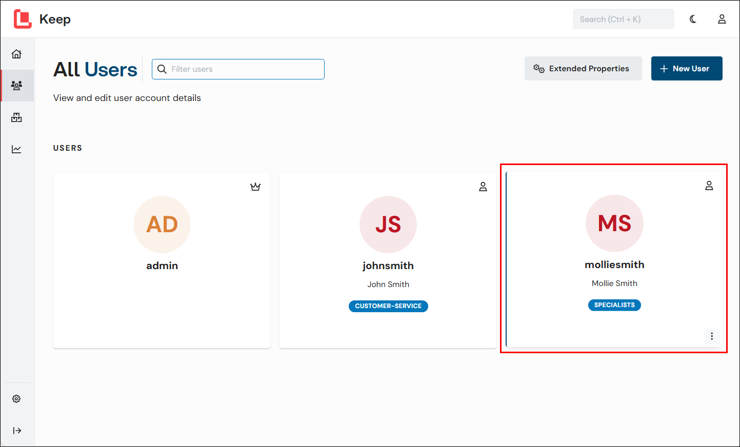 All Users page with a user tile selected.